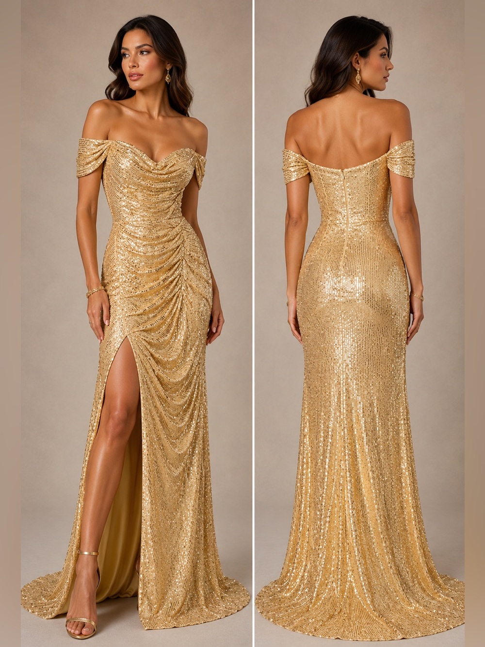 Gold Sequin Ruched Off Shoulder Formal Evening Gown Size 6 NWT
